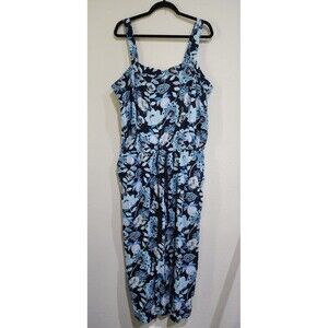 Ann Taylor Loft Jumpsuit Size 18 Blue Floral Print Square Neck Boho Casual 56"